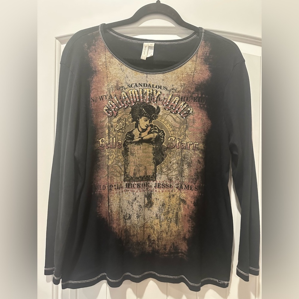 Susan Lawrence Black & Brown Graphic Long Sleeve Top with silver studs.  X-Large